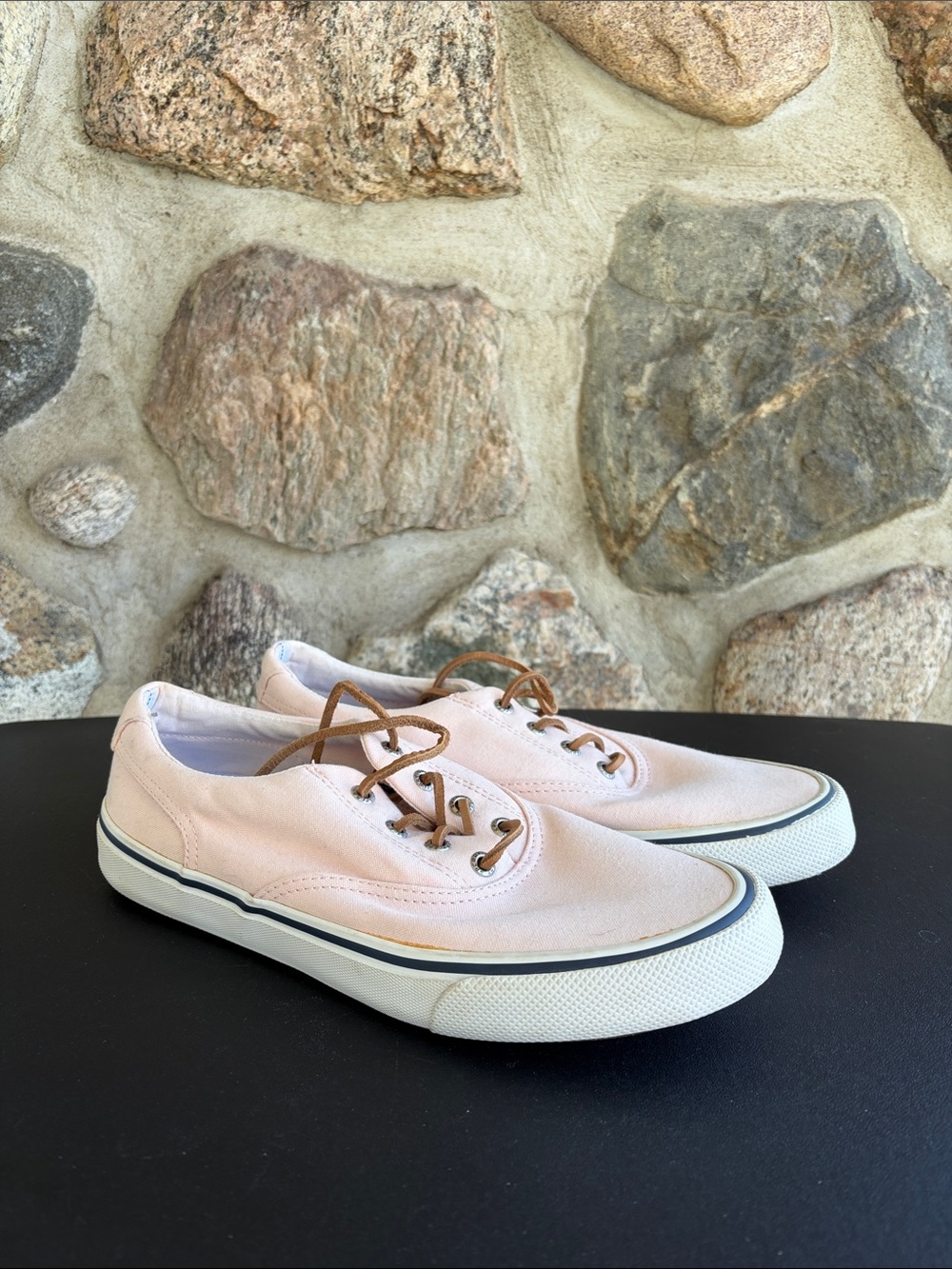 Sperry Men's Low-Top Canvas Sneakers in Light Pink with Brown Laces
